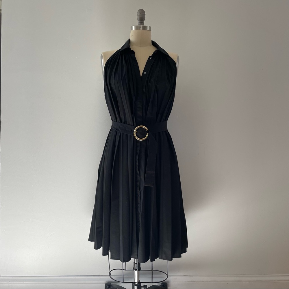 Elie Tahari Pleated Fit & Flare Belted Halter Midi-Dress